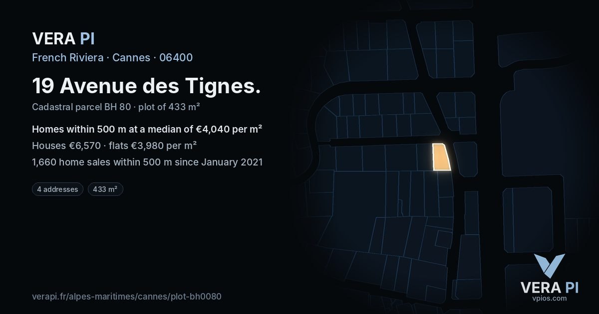 19 Avenue des Tignes, Cannes at night – the plot lit, the parcels around coloured by the prices near them