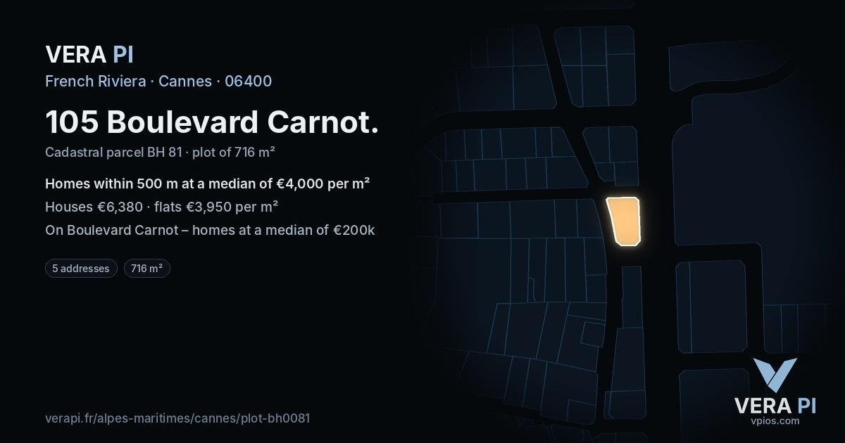 105 Boulevard Carnot, Cannes at night – the plot lit, the parcels around coloured by the prices near them