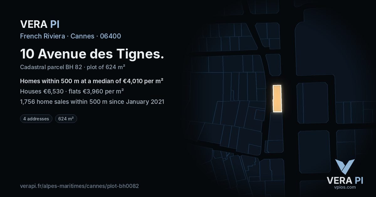 10 Avenue des Tignes, Cannes at night – the plot lit, the parcels around coloured by the prices near them