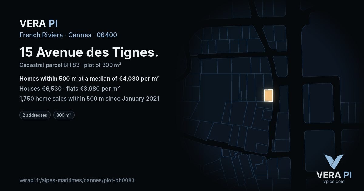 15 Avenue des Tignes, Cannes at night – the plot lit, the parcels around coloured by the prices near them