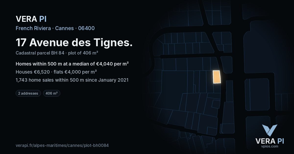 17 Avenue des Tignes, Cannes at night – the plot lit, the parcels around coloured by the prices near them