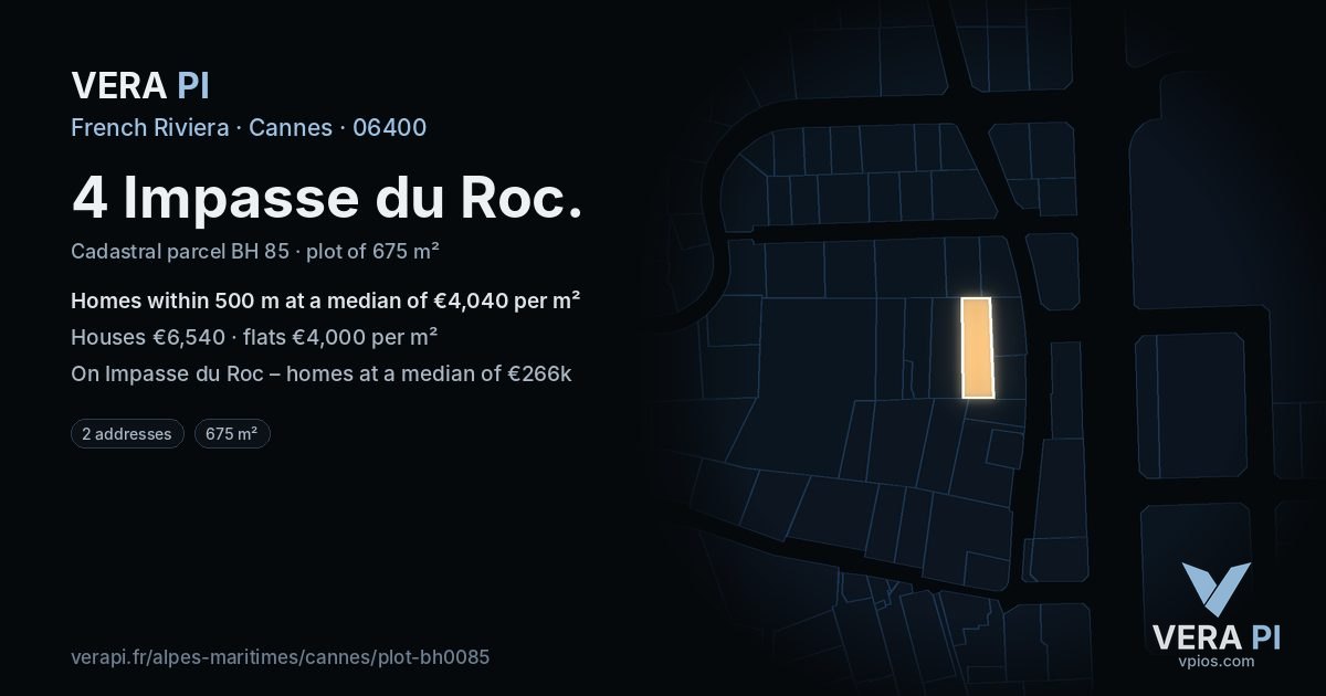 4 Impasse du Roc, Cannes at night – the plot lit, the parcels around coloured by the prices near them