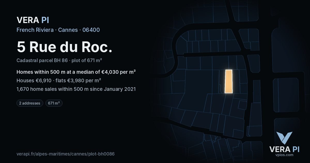 5 Rue du Roc, Cannes at night – the plot lit, the parcels around coloured by the prices near them