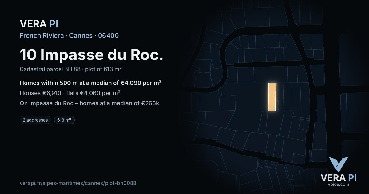 10 Impasse du Roc, Cannes at night – the plot lit, the parcels around coloured by the prices near them