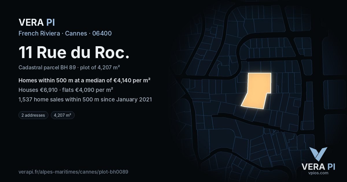 11 Rue du Roc, Cannes at night – the plot lit, the parcels around coloured by the prices near them