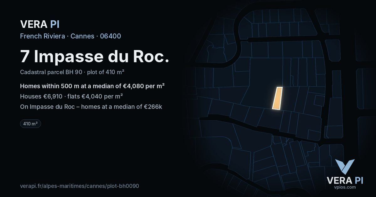 7 Impasse du Roc, Cannes at night – the plot lit, the parcels around coloured by the prices near them