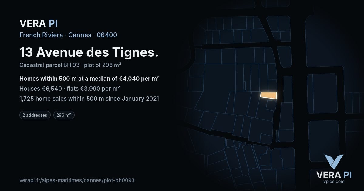 13 Avenue des Tignes, Cannes at night – the plot lit, the parcels around coloured by the prices near them