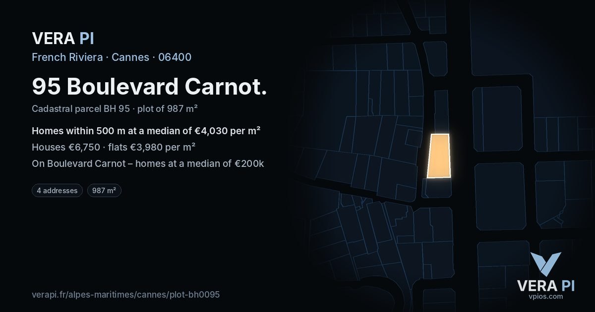 95 Boulevard Carnot, Cannes at night – the plot lit, the parcels around coloured by the prices near them