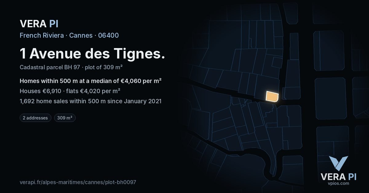 1 Avenue des Tignes, Cannes at night – the plot lit, the parcels around coloured by the prices near them