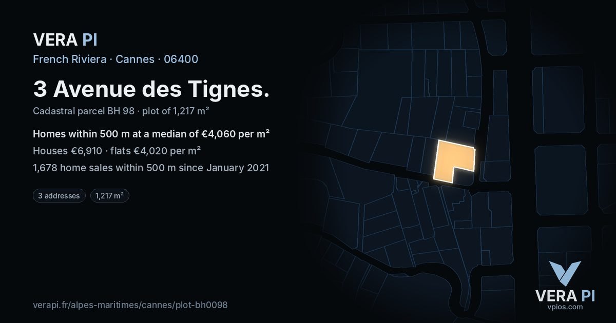 3 Avenue des Tignes, Cannes at night – the plot lit, the parcels around coloured by the prices near them