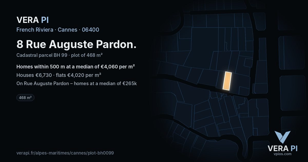 8 Rue Auguste Pardon, Cannes at night – the plot lit, the parcels around coloured by the prices near them