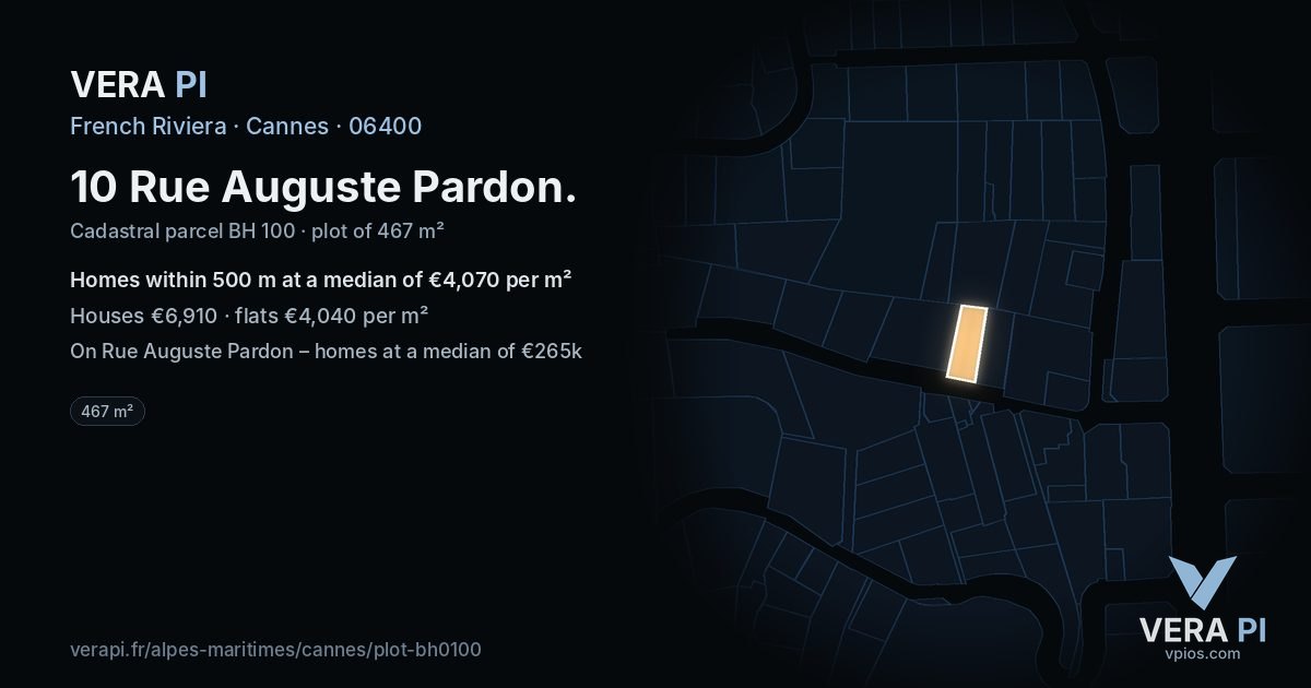 10 Rue Auguste Pardon, Cannes at night – the plot lit, the parcels around coloured by the prices near them
