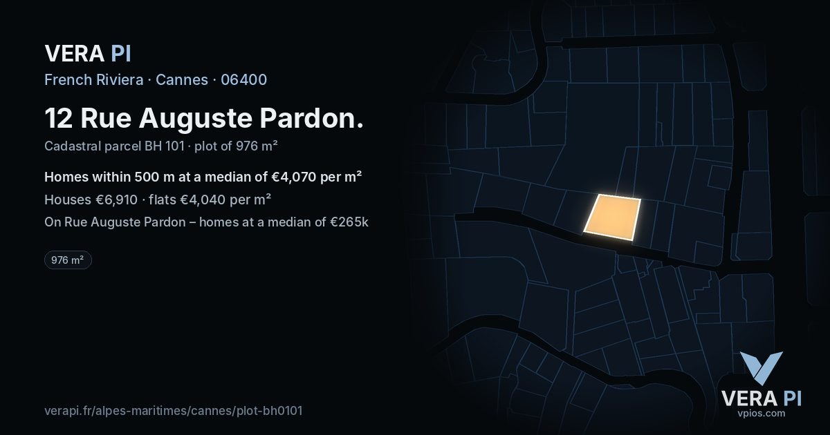 12 Rue Auguste Pardon, Cannes at night – the plot lit, the parcels around coloured by the prices near them