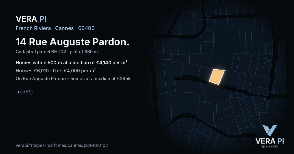 14 Rue Auguste Pardon, Cannes at night – the plot lit, the parcels around coloured by the prices near them
