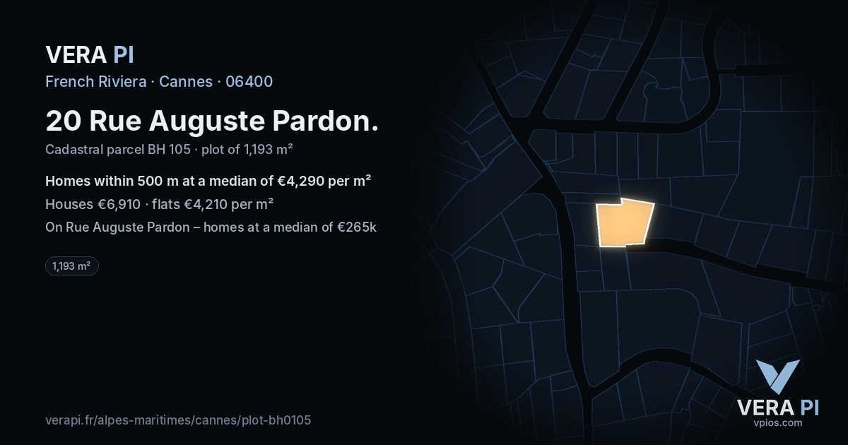 20 Rue Auguste Pardon, Cannes at night – the plot lit, the parcels around coloured by the prices near them