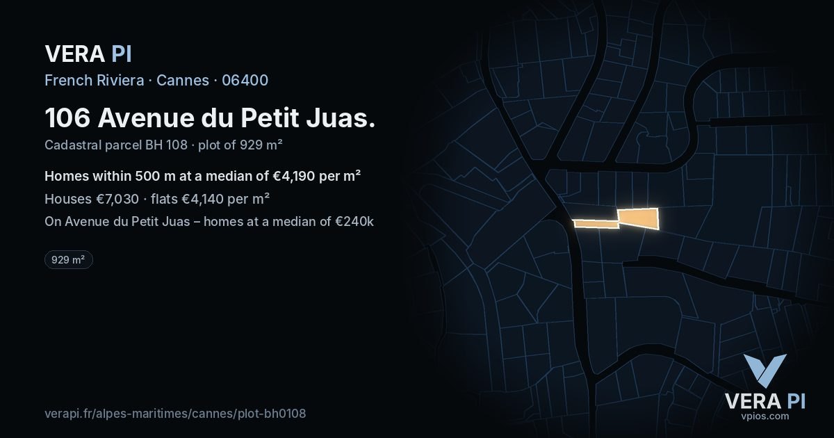 106 Avenue du Petit Juas, Cannes at night – the plot lit, the parcels around coloured by the prices near them