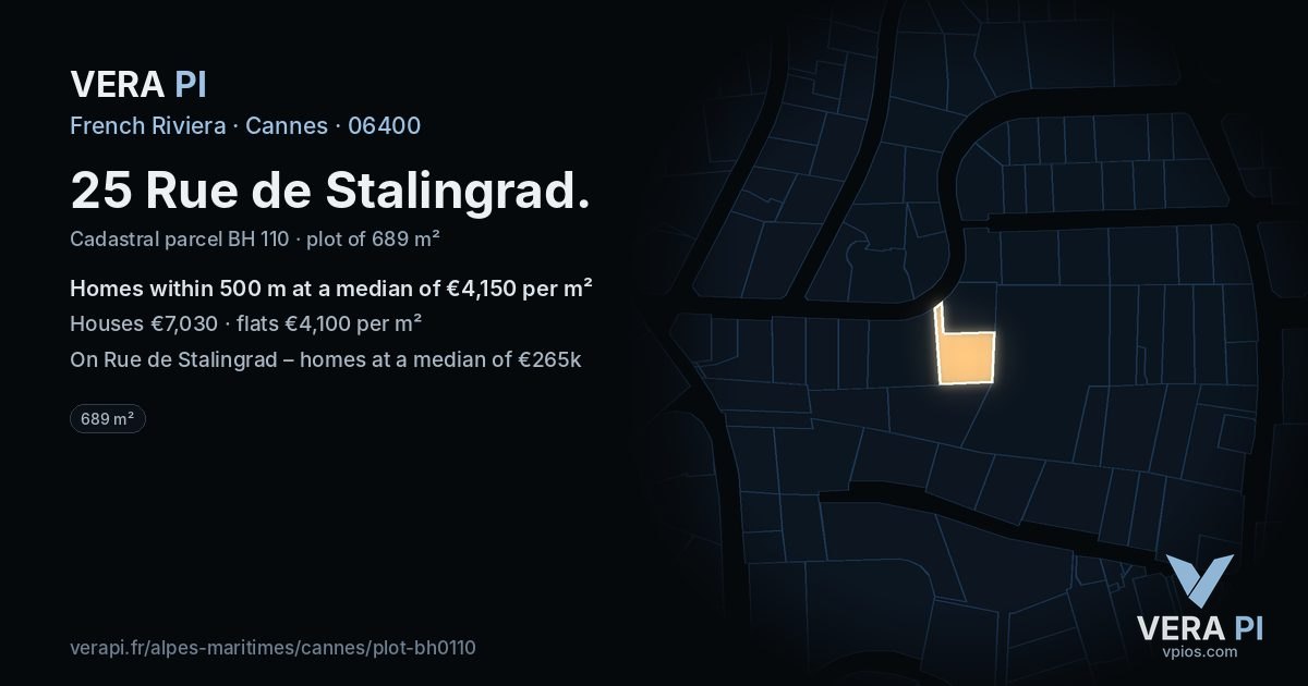 25 Rue de Stalingrad, Cannes at night – the plot lit, the parcels around coloured by the prices near them