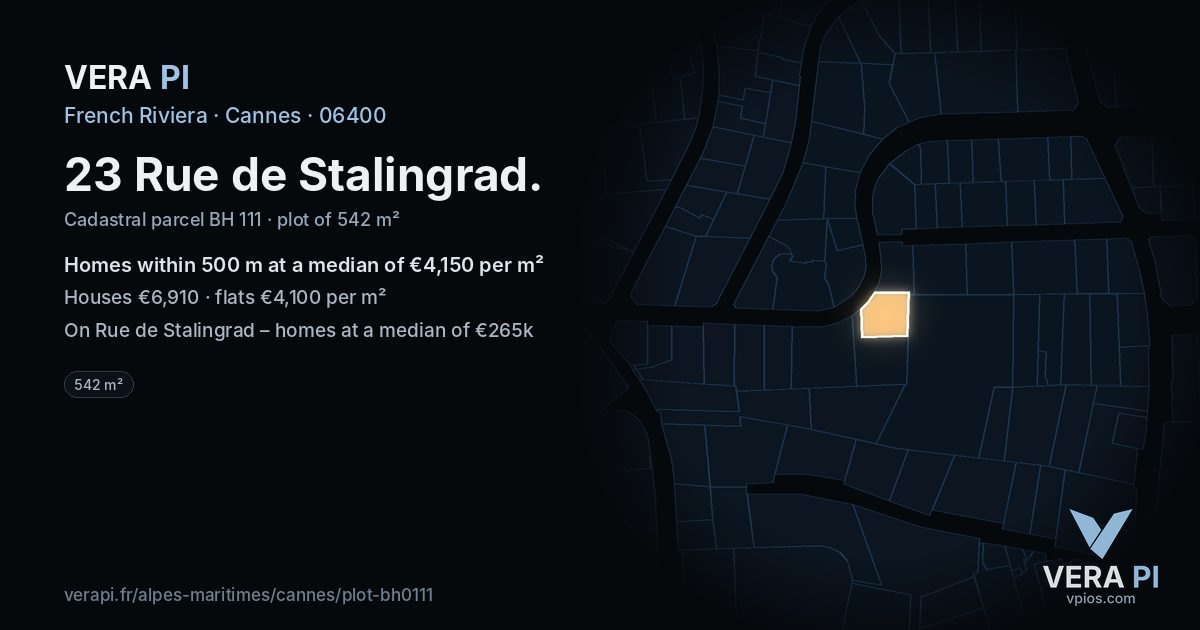 23 Rue de Stalingrad, Cannes at night – the plot lit, the parcels around coloured by the prices near them