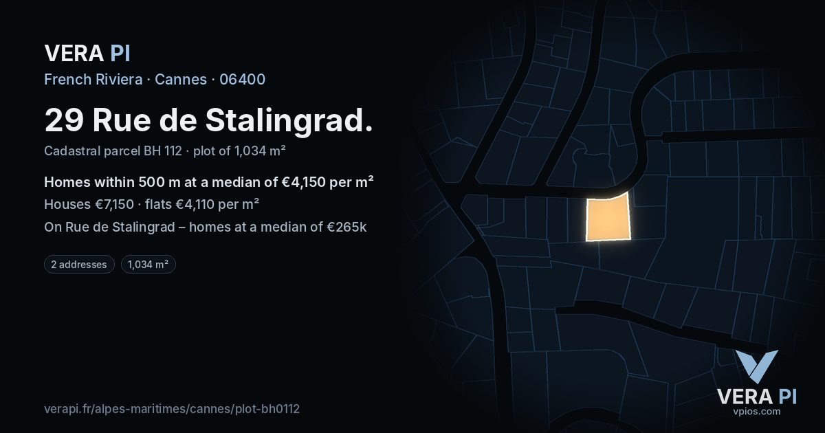 29 Rue de Stalingrad, Cannes at night – the plot lit, the parcels around coloured by the prices near them