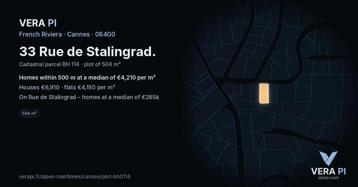 33 Rue de Stalingrad, Cannes at night – the plot lit, the parcels around coloured by the prices near them