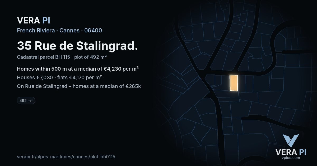 35 Rue de Stalingrad, Cannes at night – the plot lit, the parcels around coloured by the prices near them
