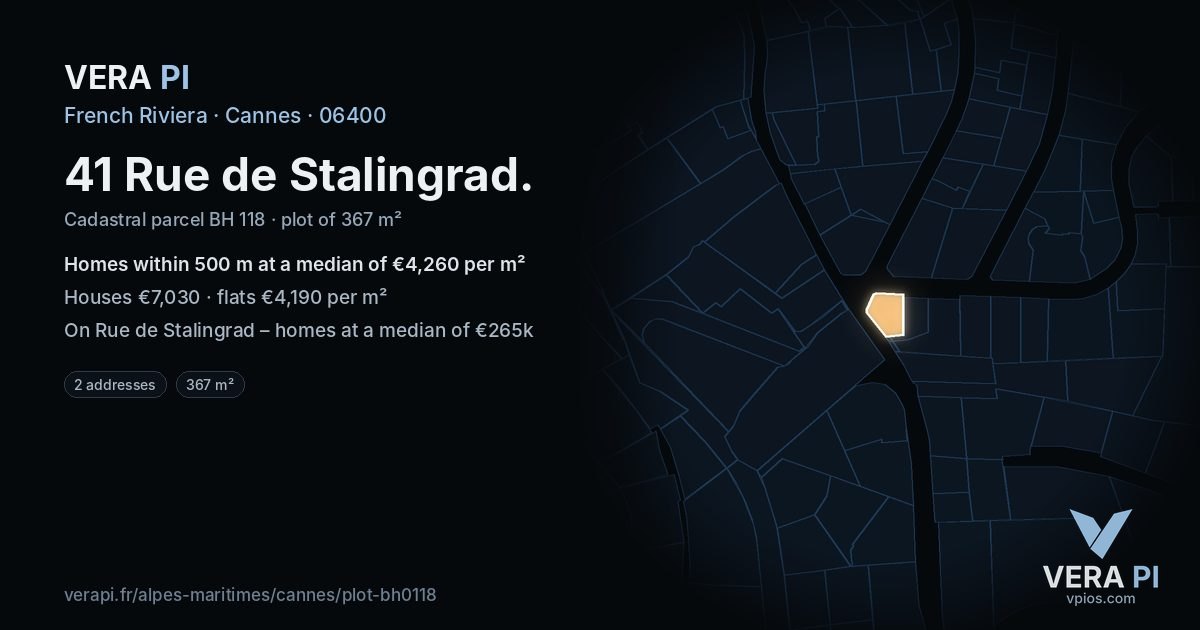 41 Rue de Stalingrad, Cannes at night – the plot lit, the parcels around coloured by the prices near them