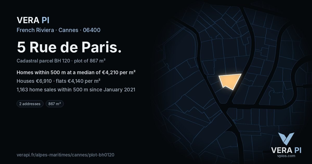 5 Rue de Paris, Cannes at night – the plot lit, the parcels around coloured by the prices near them