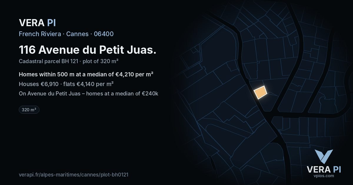 116 Avenue du Petit Juas, Cannes at night – the plot lit, the parcels around coloured by the prices near them