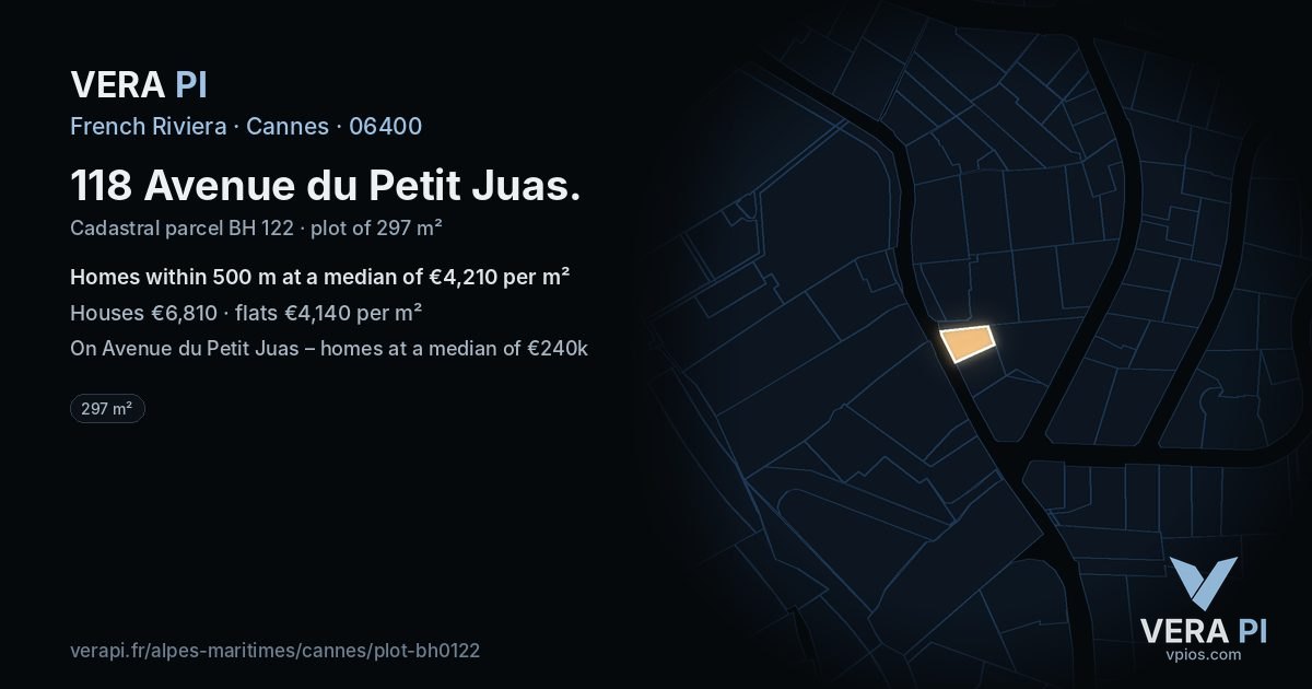 118 Avenue du Petit Juas, Cannes at night – the plot lit, the parcels around coloured by the prices near them