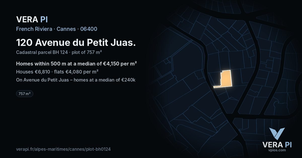 120 Avenue du Petit Juas, Cannes at night – the plot lit, the parcels around coloured by the prices near them