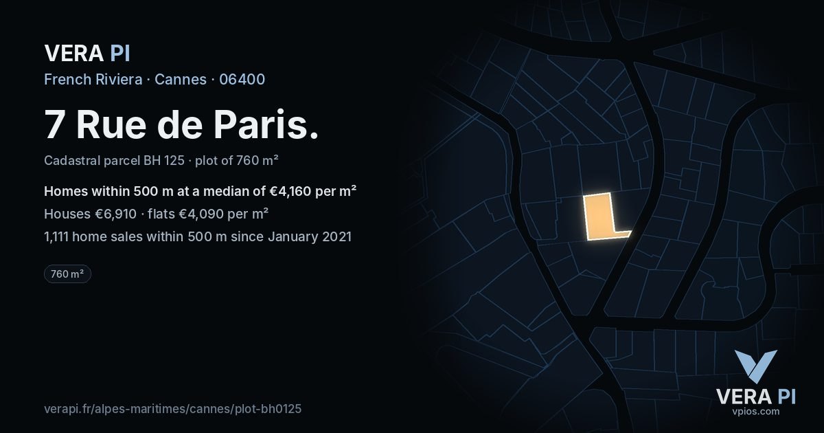 7 Rue de Paris, Cannes at night – the plot lit, the parcels around coloured by the prices near them