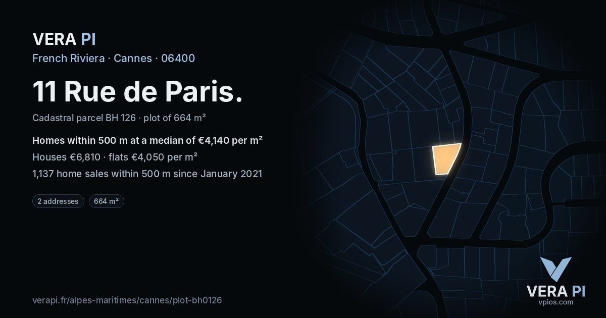 11 Rue de Paris, Cannes at night – the plot lit, the parcels around coloured by the prices near them