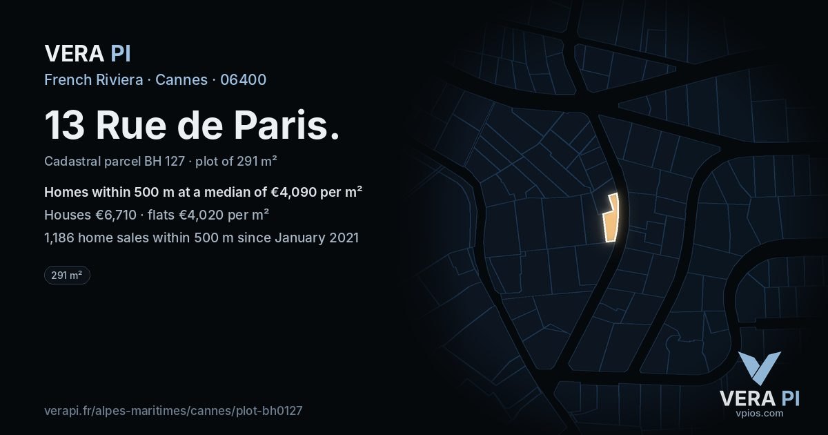 13 Rue de Paris, Cannes at night – the plot lit, the parcels around coloured by the prices near them