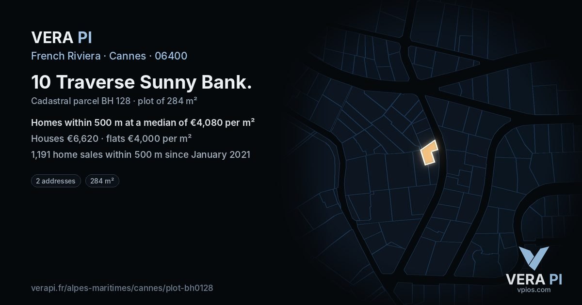 10 Traverse Sunny Bank, Cannes at night – the plot lit, the parcels around coloured by the prices near them