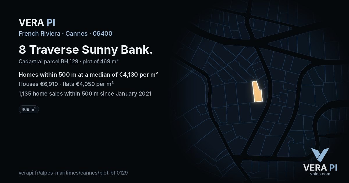 8 Traverse Sunny Bank, Cannes at night – the plot lit, the parcels around coloured by the prices near them