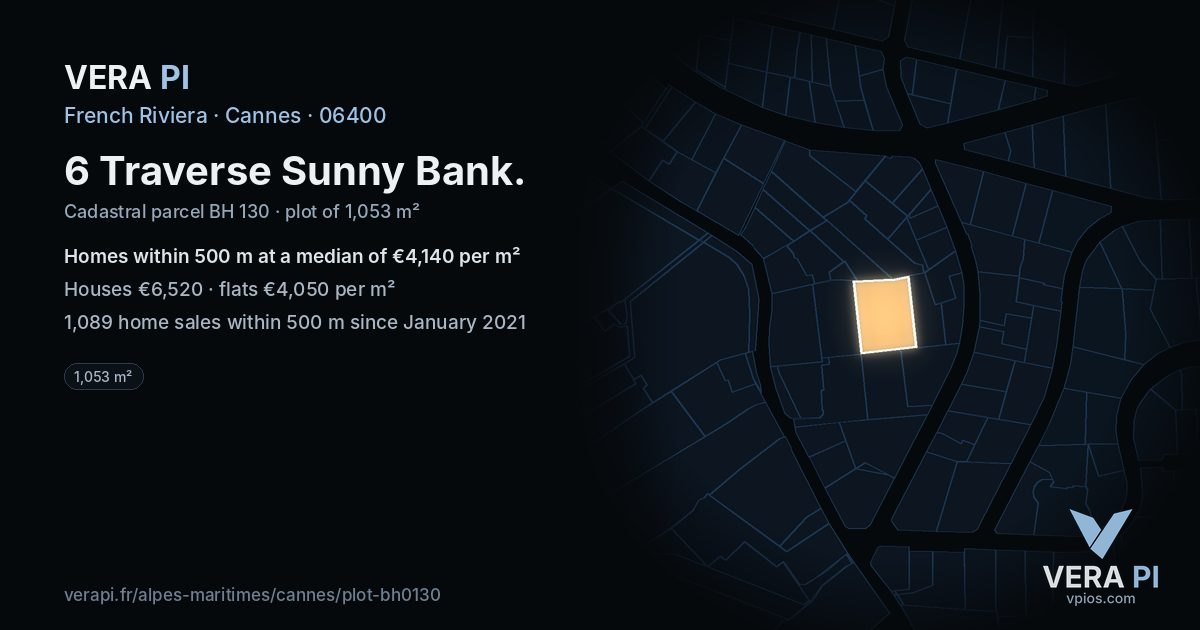 6 Traverse Sunny Bank, Cannes at night – the plot lit, the parcels around coloured by the prices near them
