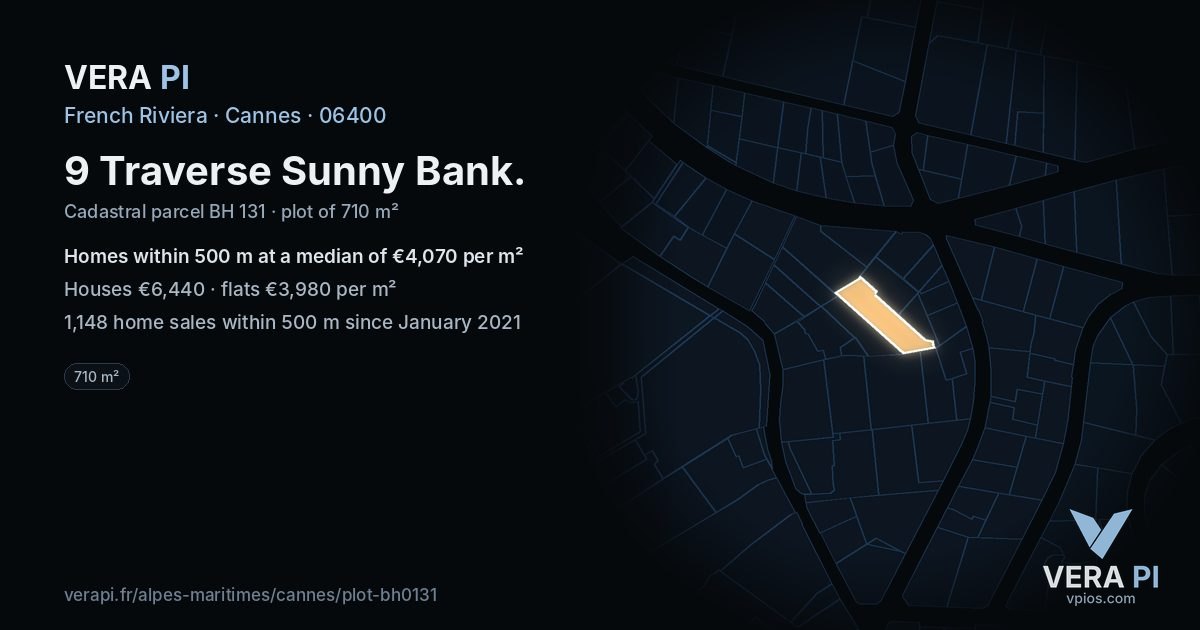 9 Traverse Sunny Bank, Cannes at night – the plot lit, the parcels around coloured by the prices near them