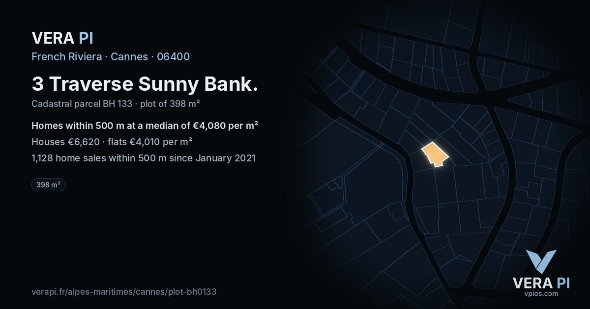 3 Traverse Sunny Bank, Cannes at night – the plot lit, the parcels around coloured by the prices near them