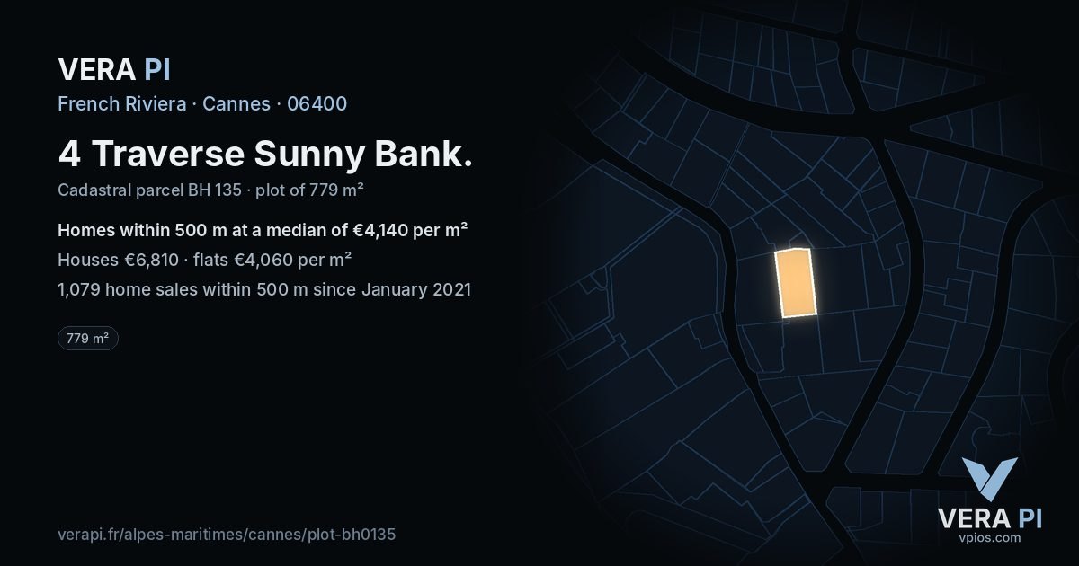 4 Traverse Sunny Bank, Cannes at night – the plot lit, the parcels around coloured by the prices near them