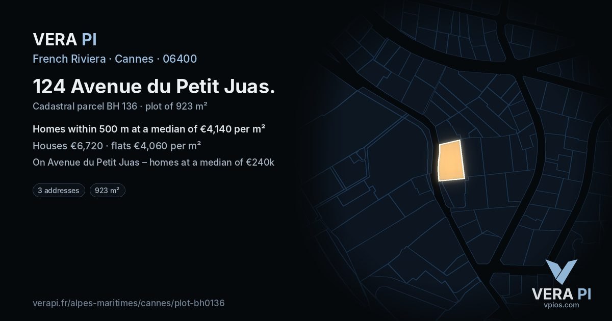 124 Avenue du Petit Juas, Cannes at night – the plot lit, the parcels around coloured by the prices near them