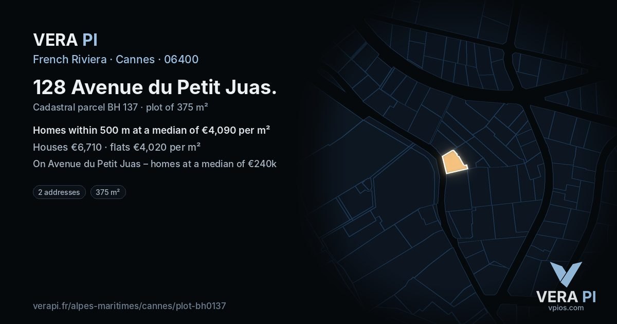 128 Avenue du Petit Juas, Cannes at night – the plot lit, the parcels around coloured by the prices near them