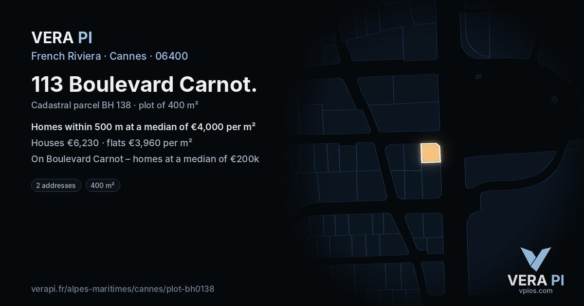 113 Boulevard Carnot, Cannes at night – the plot lit, the parcels around coloured by the prices near them