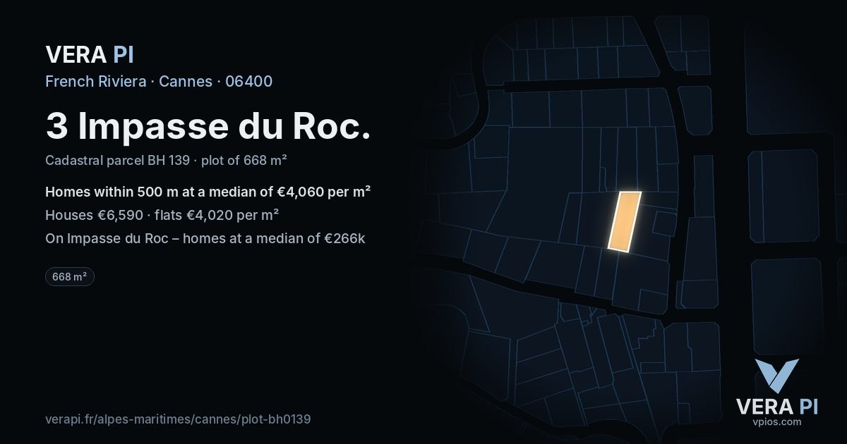 3 Impasse du Roc, Cannes at night – the plot lit, the parcels around coloured by the prices near them