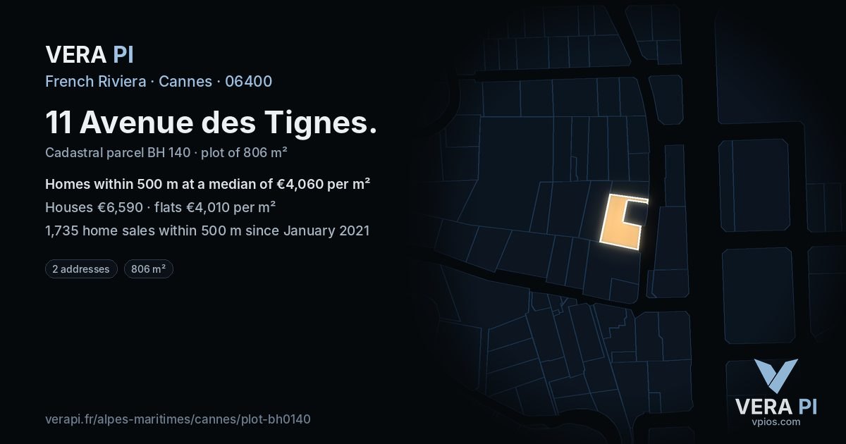 11 Avenue des Tignes, Cannes at night – the plot lit, the parcels around coloured by the prices near them