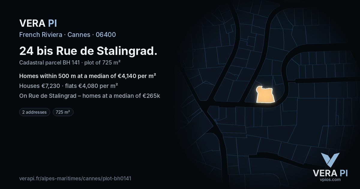 24 bis Rue de Stalingrad, Cannes at night – the plot lit, the parcels around coloured by the prices near them