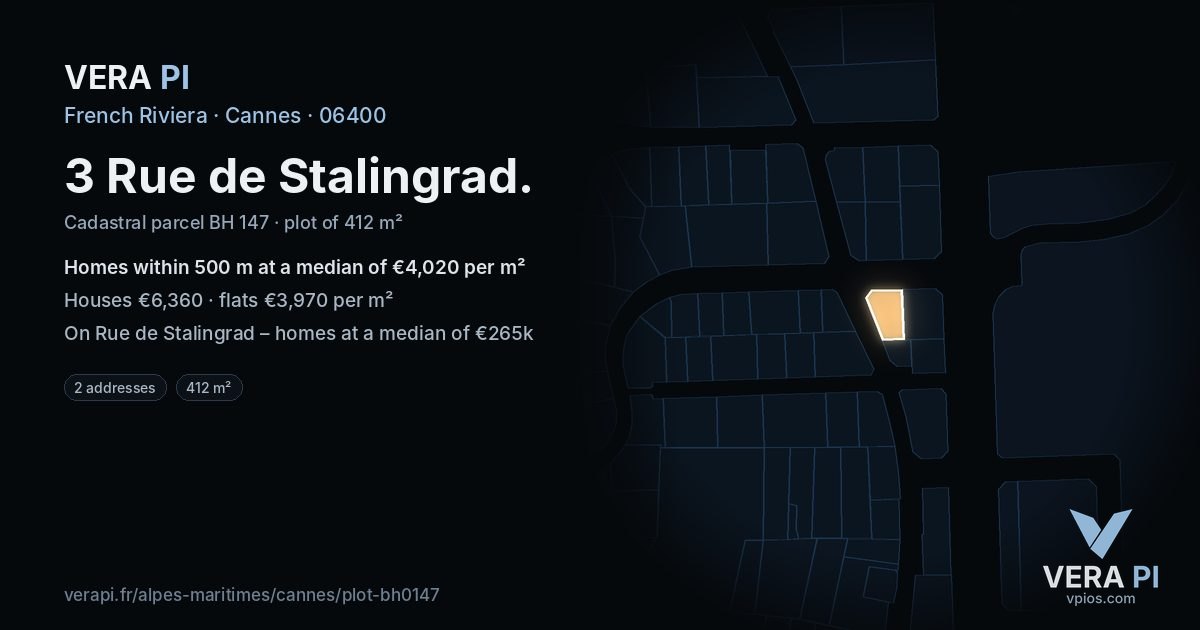 3 Rue de Stalingrad, Cannes at night – the plot lit, the parcels around coloured by the prices near them