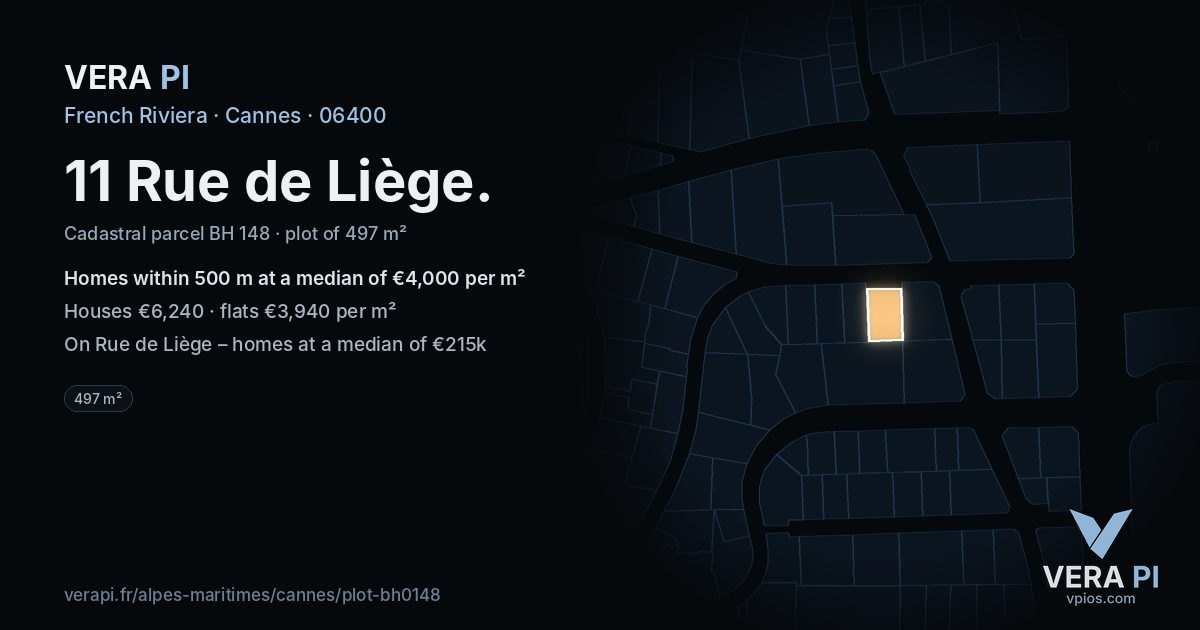 11 Rue de Liège, Cannes at night – the plot lit, the parcels around coloured by the prices near them