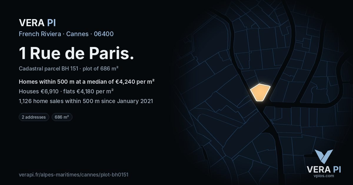 1 Rue de Paris, Cannes at night – the plot lit, the parcels around coloured by the prices near them