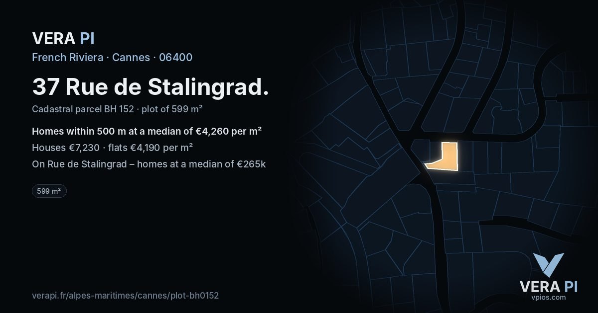 37 Rue de Stalingrad, Cannes at night – the plot lit, the parcels around coloured by the prices near them