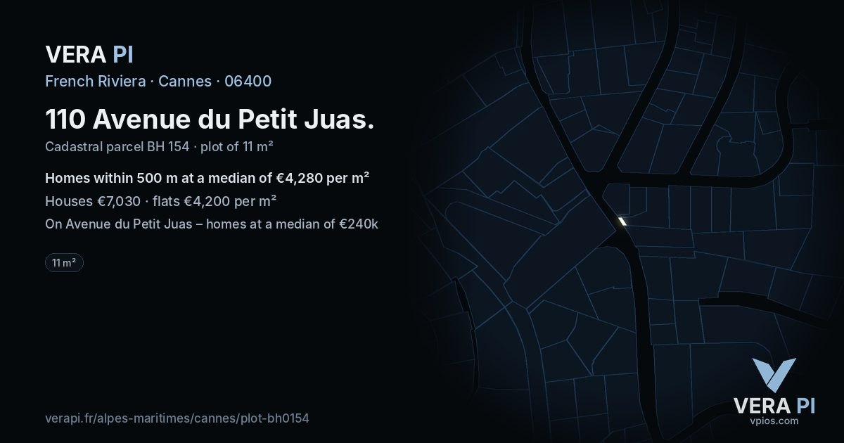 110 Avenue du Petit Juas, Cannes at night – the plot lit, the parcels around coloured by the prices near them